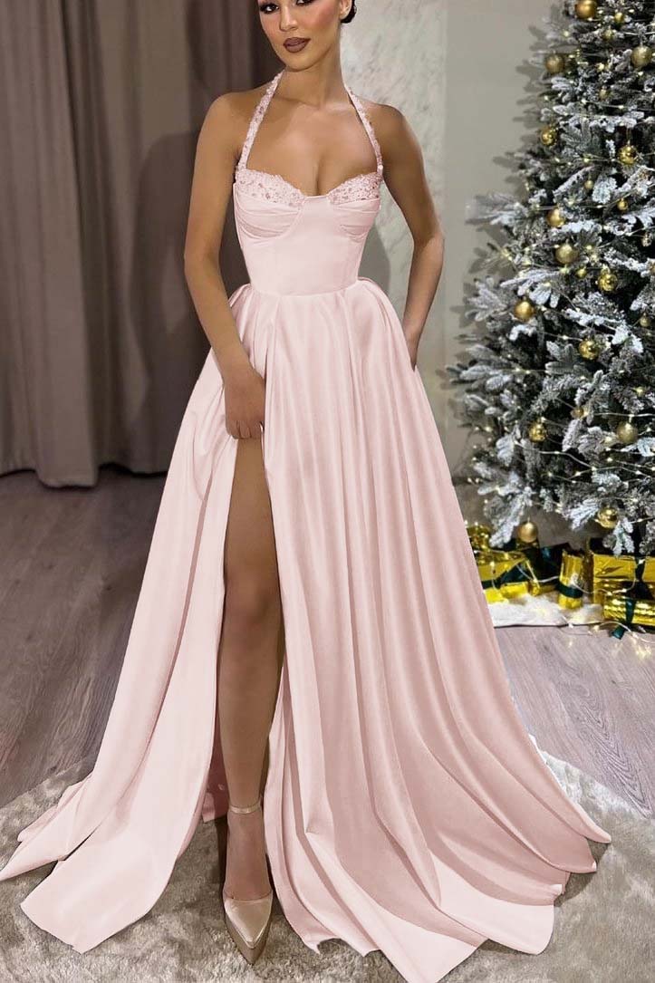 Black Halter Sweetheart Sleeveless Long Prom Dress With Split