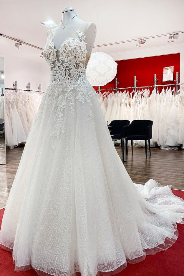 Sleeveless Jewel Neck Long A-Line Tulle Wedding Dress with Ruffles and Lace Appliques BM bride
