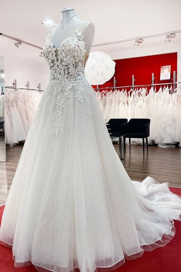 Sleeveless Jewel Neck Long A-Line Tulle Wedding Dress with Ruffles and Lace Appliques BM bride