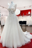 Sleeveless Jewel Neck Long A-Line Tulle Wedding Dress with Ruffles and Lace Appliques BM bride