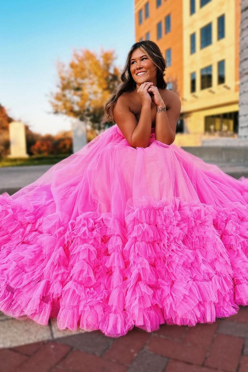 Lovely Pink Sweetheart Tiered Tulle Long Prom Dress BM bride