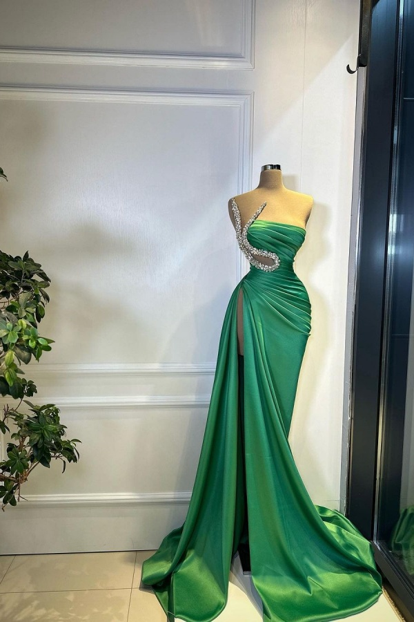 Strapless Sleeveless Long Mermaid Split Prom Dress With Beading