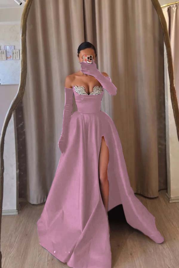 Strapless Sleeveless Long Split Prom Dress With Beading Long Gloves BMBRIDE