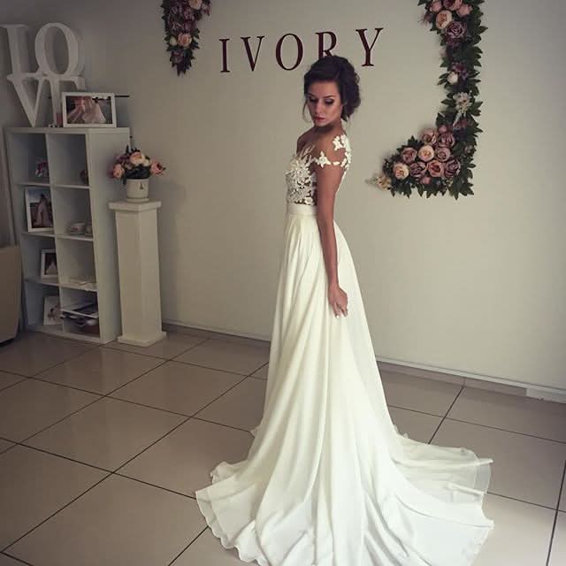 A-Line Chiffon Wedding Dress With Lace Ruffles Side Slit Appliques BM bride
