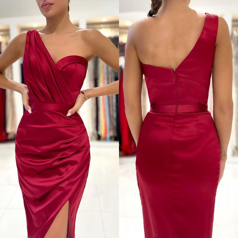 Burgundy One Shoulder Short Prom Dress BM bride