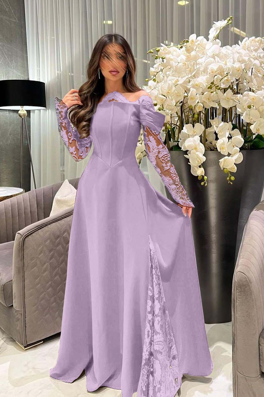 White Off the Shoulder Long Sleeves Long Prom Dress With Appliques BMBRIDE
