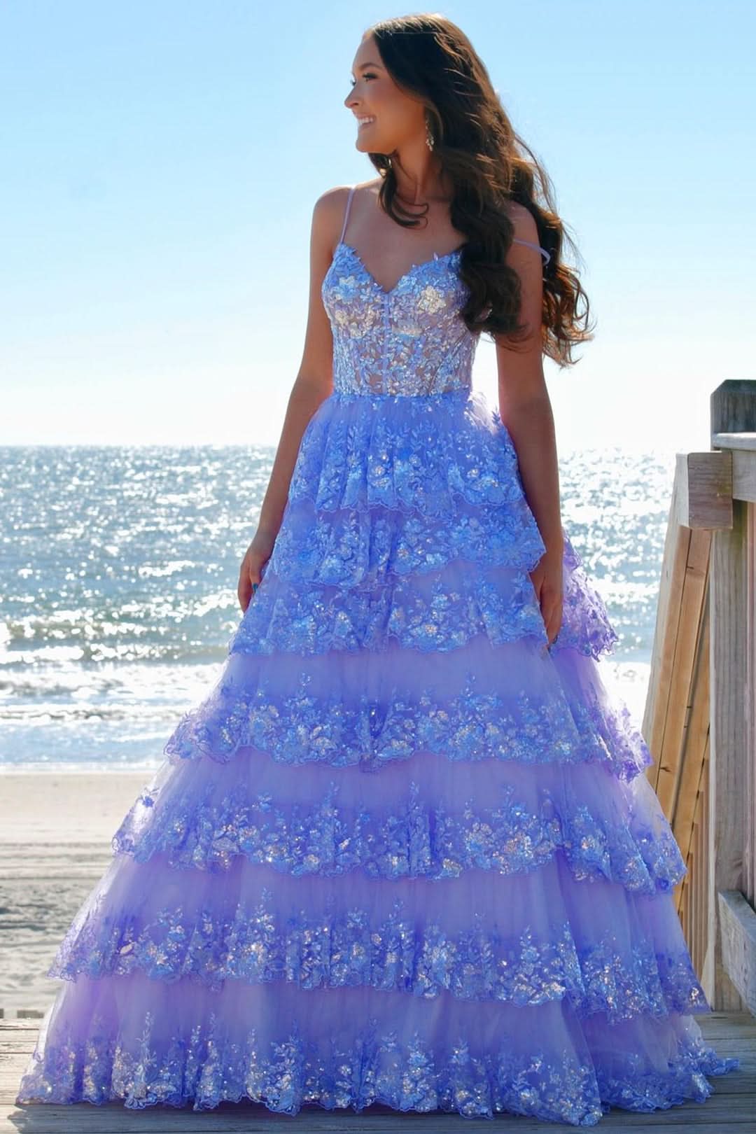 Lovely A-Line Spaghetti Straps Tiered Lace Prom Dress BM bride