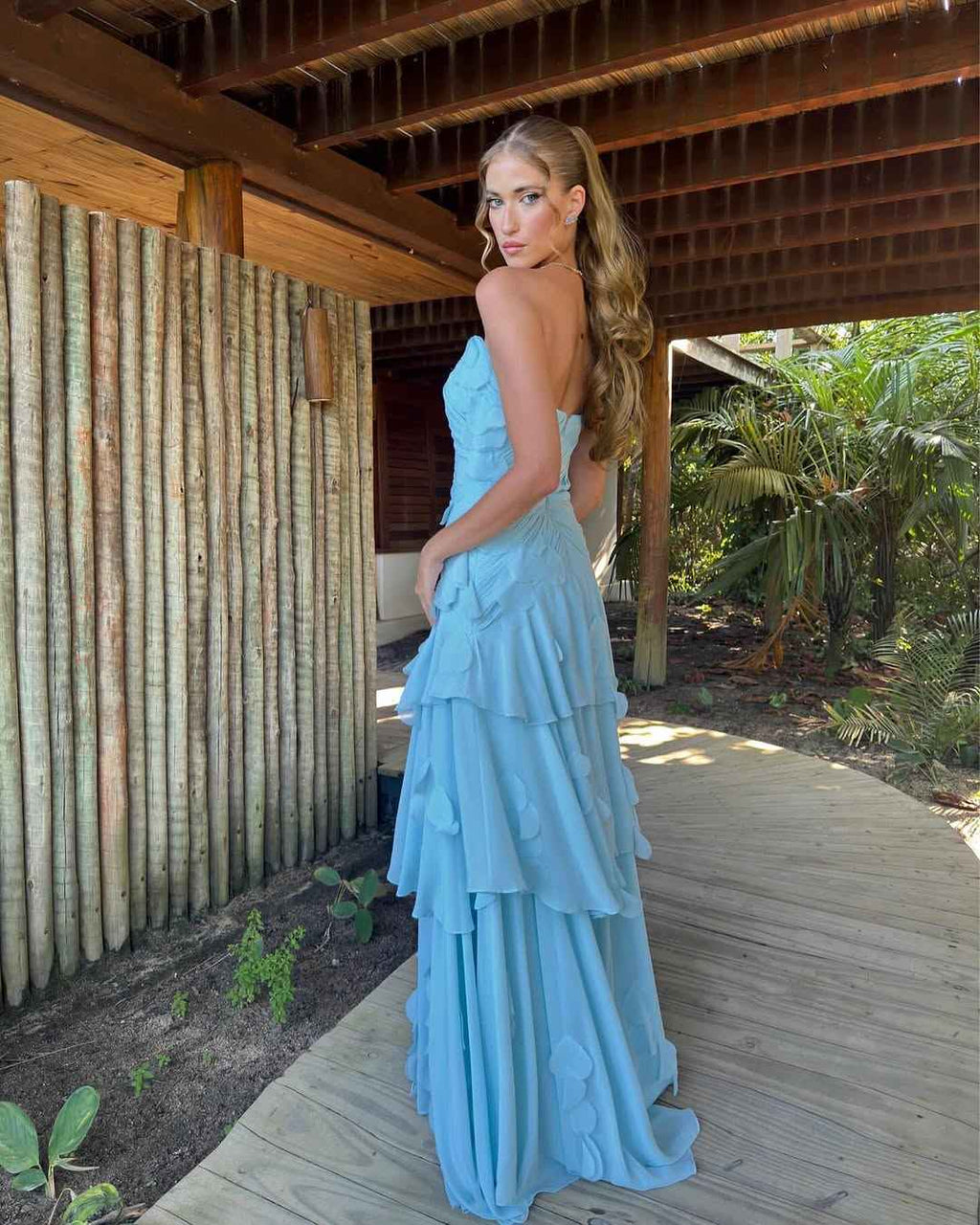 Chic Strapless Sleeveless Long Pleated Prom Dress With Ruffles HF0004