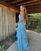 Chic Strapless Sleeveless Long Pleated Prom Dress With Ruffles HF0004