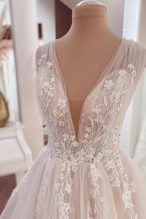 A-Line Wide Strap Ruffle Wedding Dress with Lace Appliques and Tulle BM bride