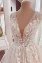 A-Line Wide Strap Ruffle Wedding Dress with Lace Appliques and Tulle BM bride