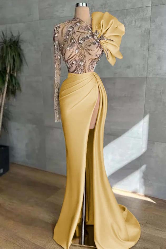 Long Sleeves Long Mermaid Prom Dress With High Split Appliques BMBRIDE
