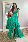 Straps Sleeveless Open Back Long Ruffles Prom Dress With Split