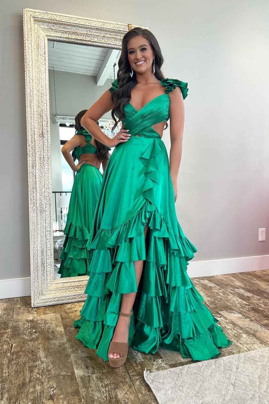 Straps Sleeveless Open Back Long Ruffles Prom Dress With Split