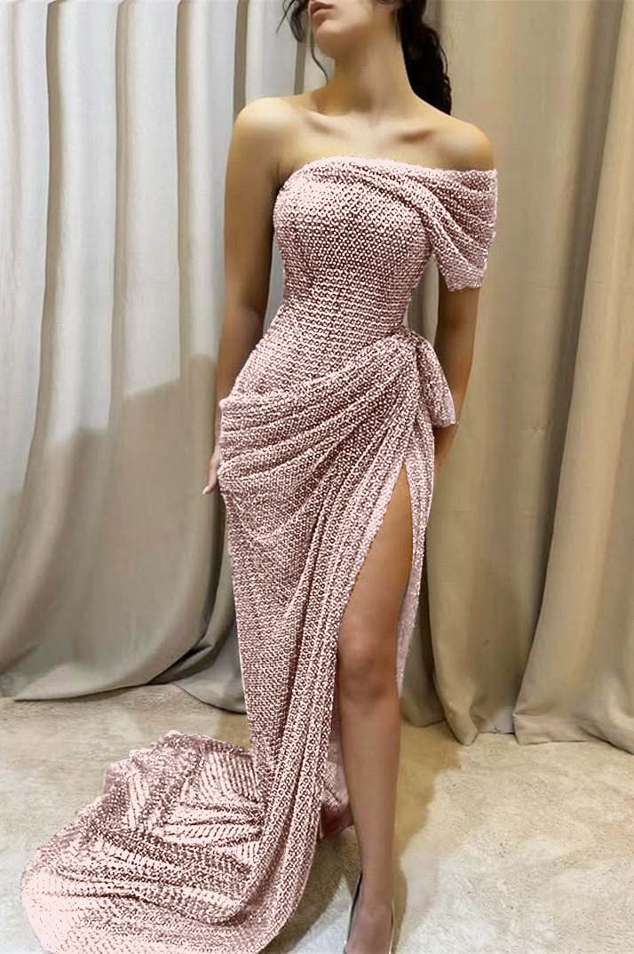 Sequins One Shoulder Sleeveless Long Prom Dress With Split Pleated