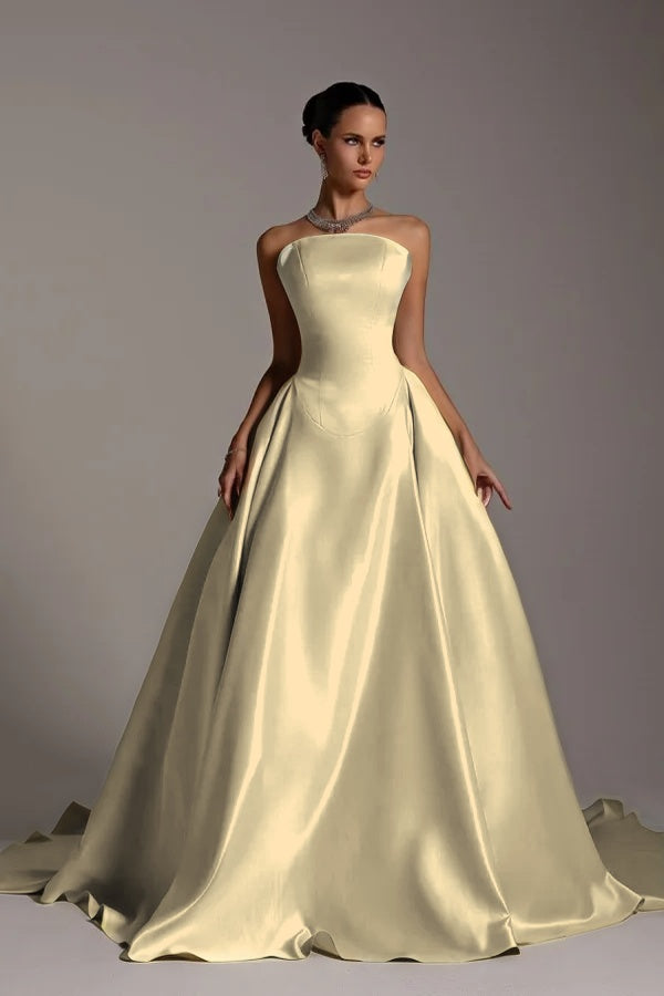 Chic Strapless Sleeveless A Line Long Prom Dress With Pleated BMBRIDE