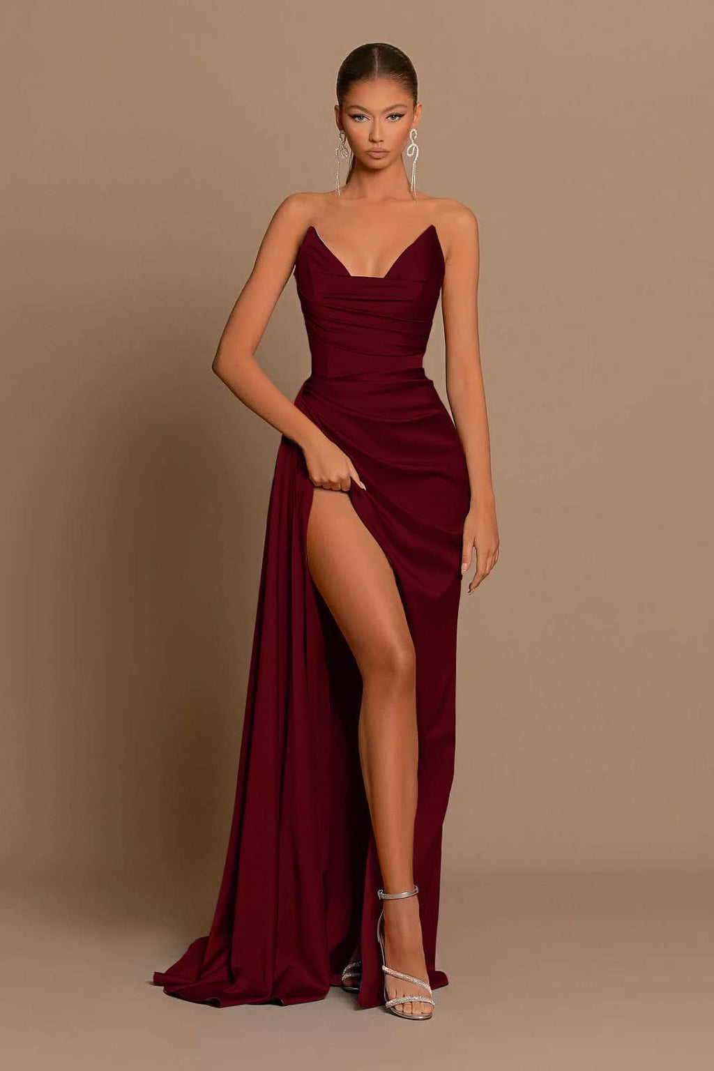 Elegant Royal Blue Long Evening Dress with Pleated Charmeuse and Slit BM bride