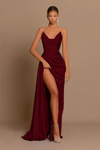 Elegant Royal Blue Long Evening Dress with Pleated Charmeuse and Slit BM bride