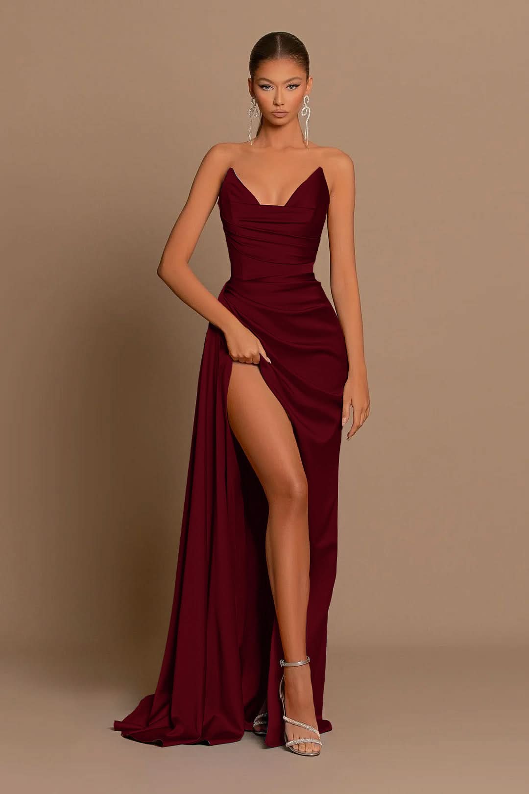 Elegant Royal Blue Long Evening Dress with Pleated Charmeuse and Slit BM bride