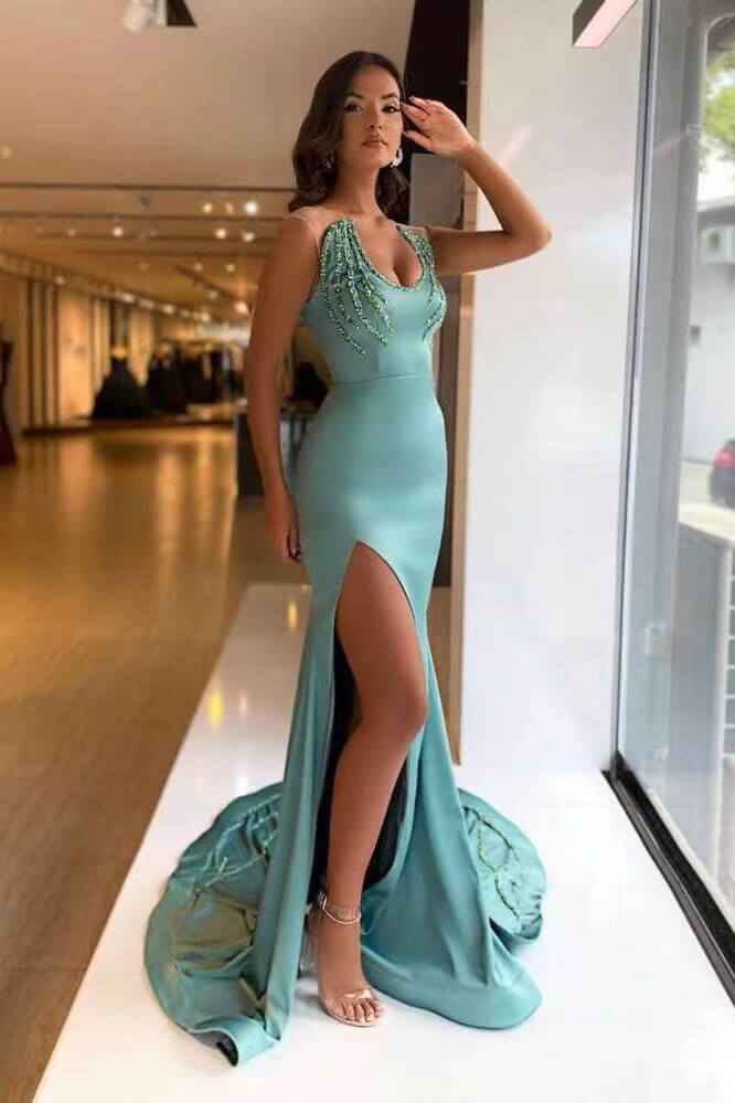Glamorous High Waist Beadings Mermaid Sleeveless Long Prom Dress With Side Split