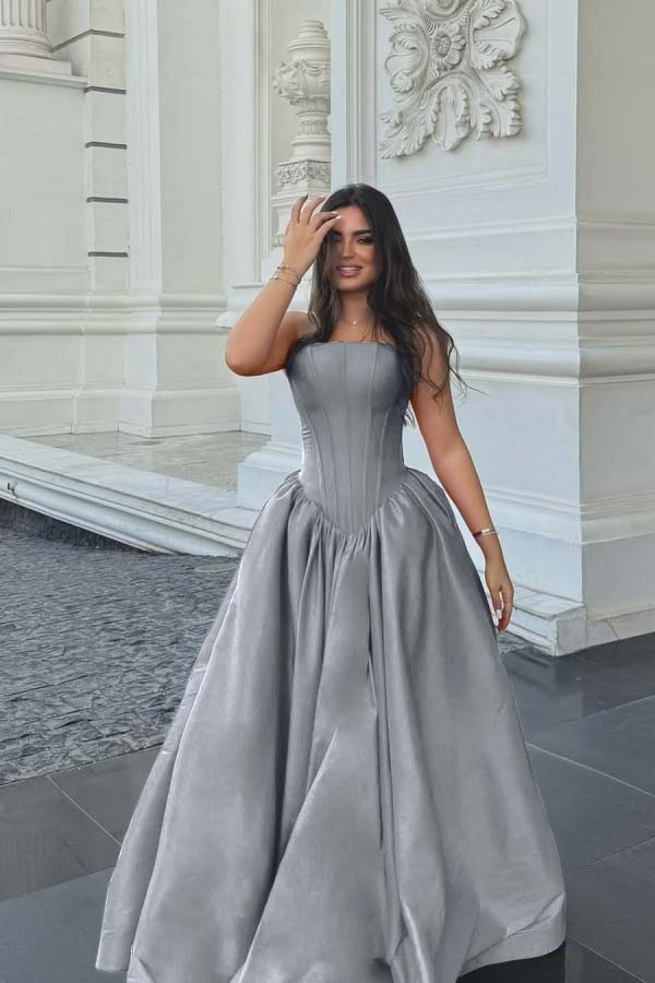 Chic Sleeveless Strapless Long A Line Prom Dress With Pleated BMBRIDE