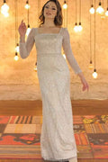 Long Sleeves Square Neck Mermaid Long Prom Dress With Beading