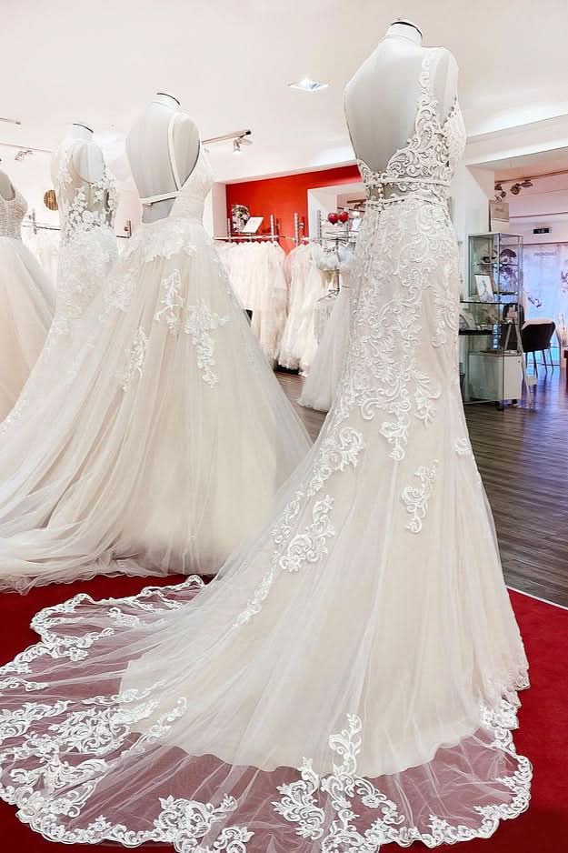 Sleeveless Long Mermaid Wedding Dress With Backless Lace Tulle BM bride