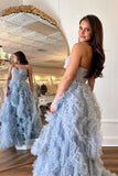 Charming Blue Strapless Ruffle Tulle A-Line Long Prom Dress with Slit BM bride