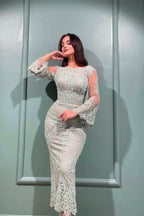 Long Sleeves Bateau Mermaid Evening Dress with Lace Appliques BM bride