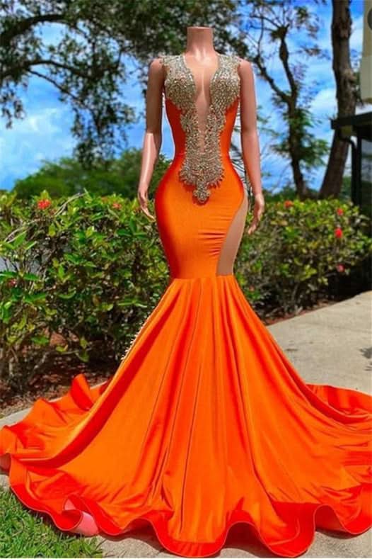 Bright Orange V Neck Sleeveless Mermaid Prom Dress with Appliques BM bride