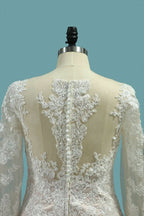 Long Sleeve Bateau Floor-Length Mermaid Wedding Dress with Lace Appliques BM bride