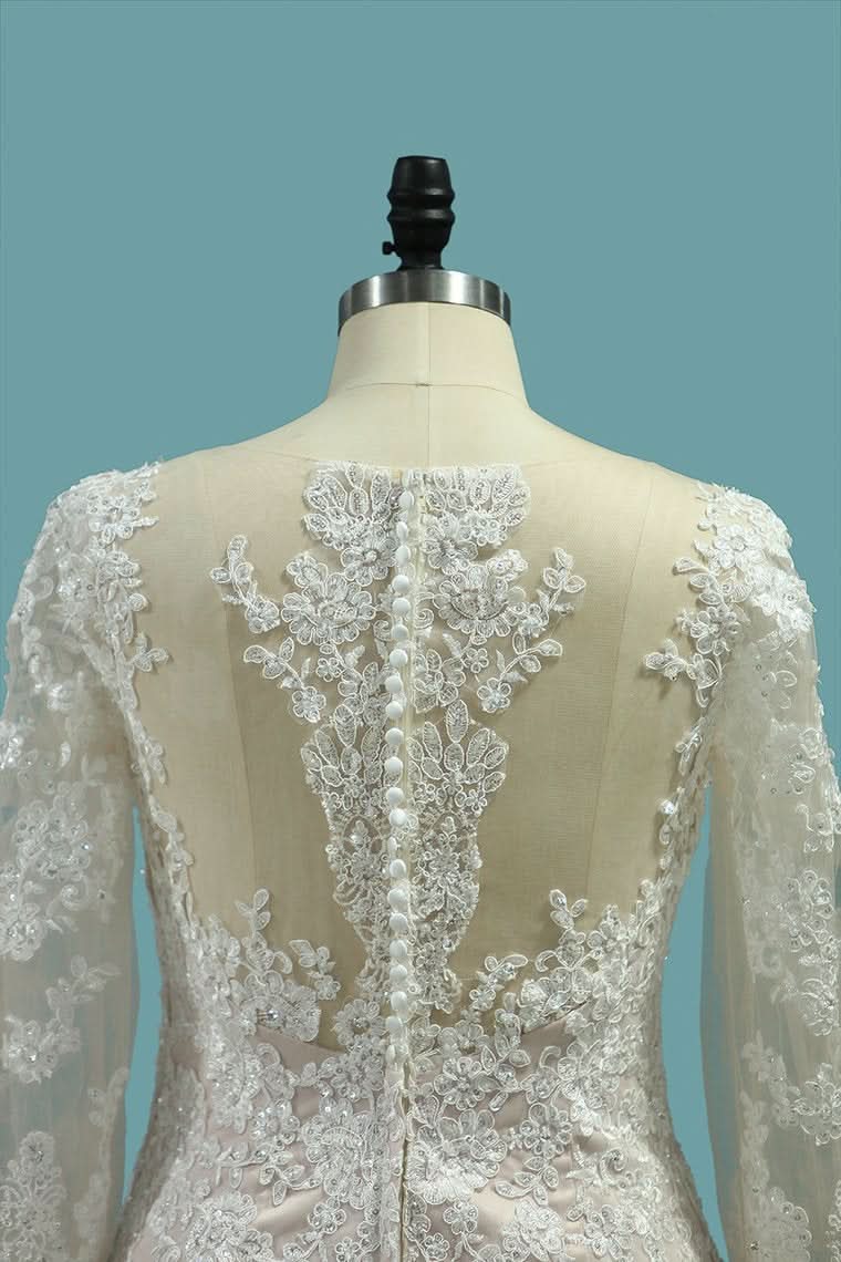 Long Sleeve Bateau Floor-Length Mermaid Wedding Dress with Lace Appliques BM bride