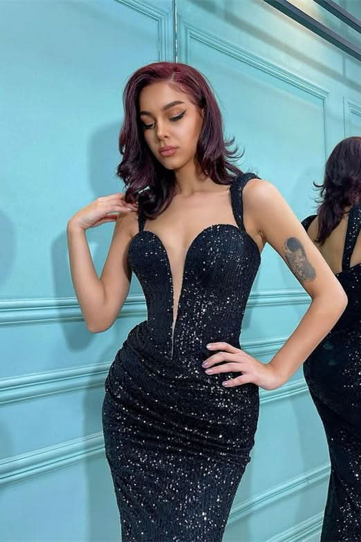 Black Sequins Spaghetti-Straps Mermaid Prom Dress BM bride