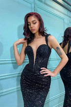 Stunning Sleeveless Pleated Short Mermaid Black Sequins Straps Prom Dress