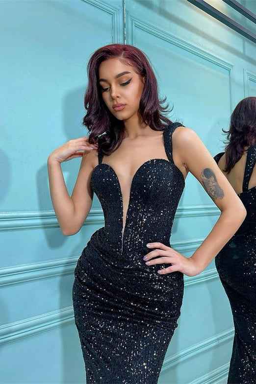 Stunning Sleeveless Pleated Short Mermaid Black Sequins Straps Prom Dress