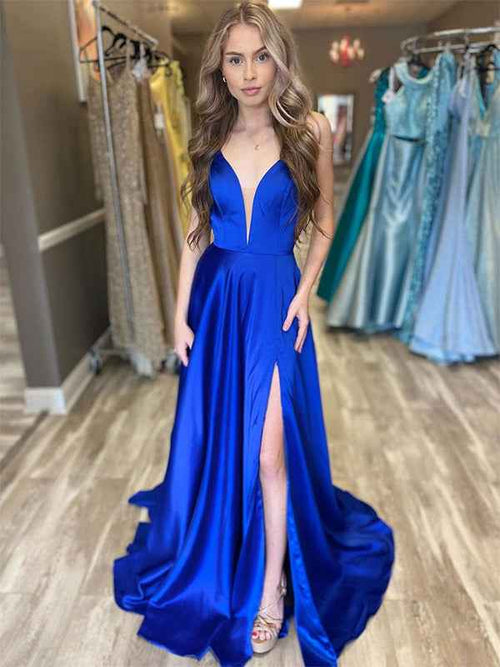 Blue A Line Spaghetti Straps Satin Long Prom Dress with Slit BMBRIDE