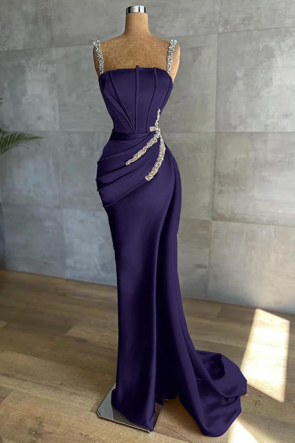 Chic Mermaid Straps Sleeveless Appliques Beadings Prom Dress With Pleated