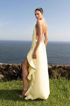 Halter Backless Sleeveless High Split Long Prom Dress With Ruffles
