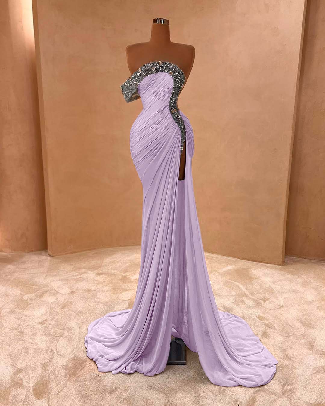 One Shoulder Sleeveless Long Split Prom Dress With Pleated Sequins BMBRIDE