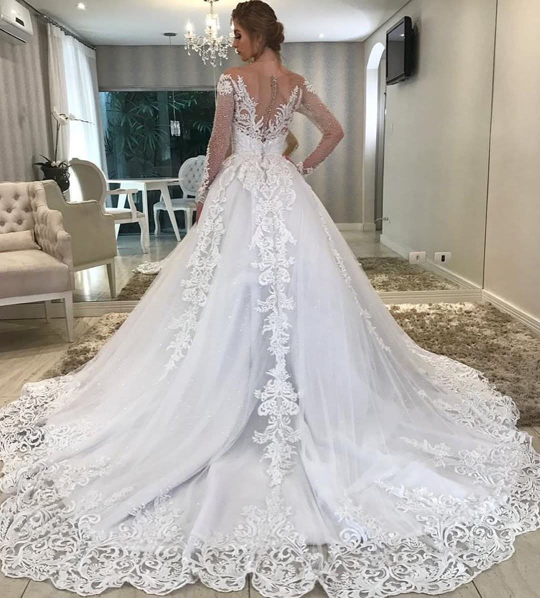 Vintage Train A-Line Sweetheart Off-the-Shoulder Long Sleeve Wedding Dress with Lace, Appliques, and Sequins BM bride