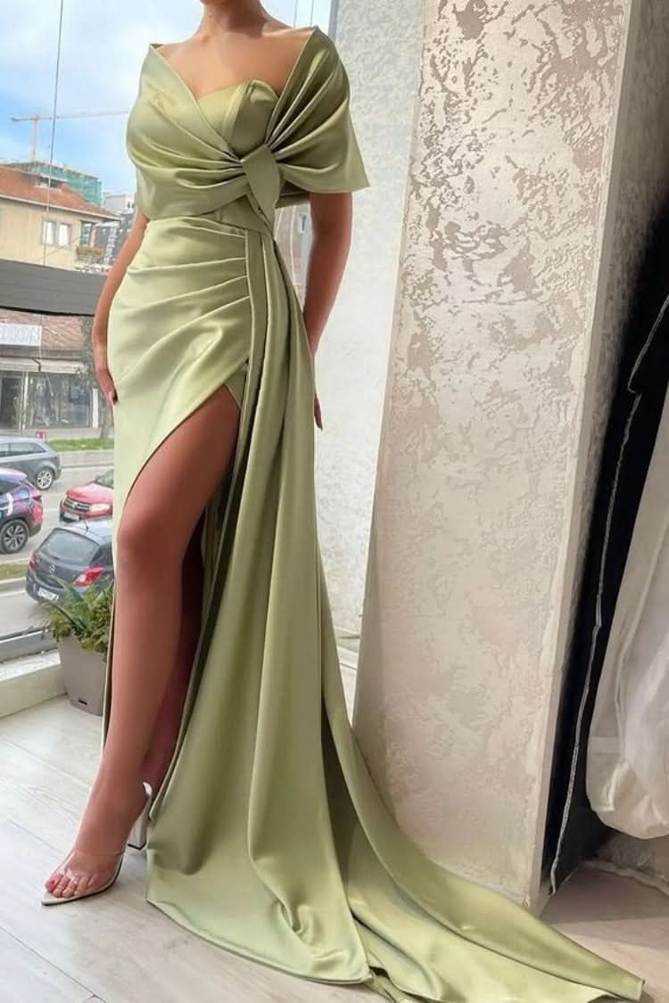 Gorgeous Dusty Sage Portrait V-Neck Pleated Prom Dress with Ruffle BM bride