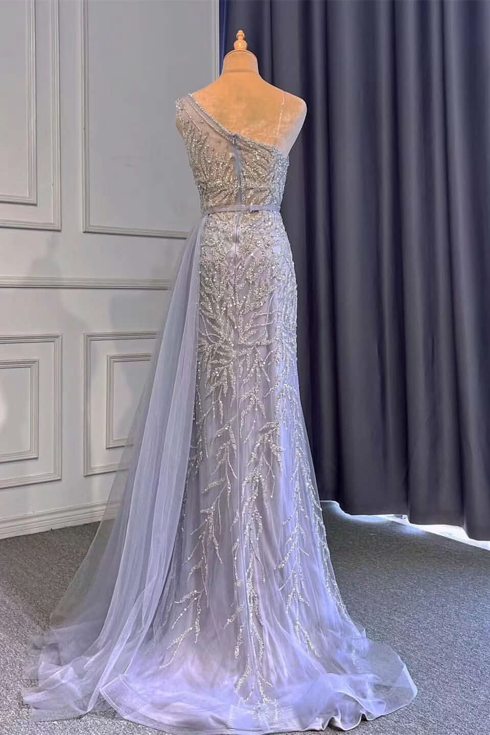 Light Purple Front Split One-Shoulder Beaded Mermaid Prom Dress with Long Ruffles BM bride