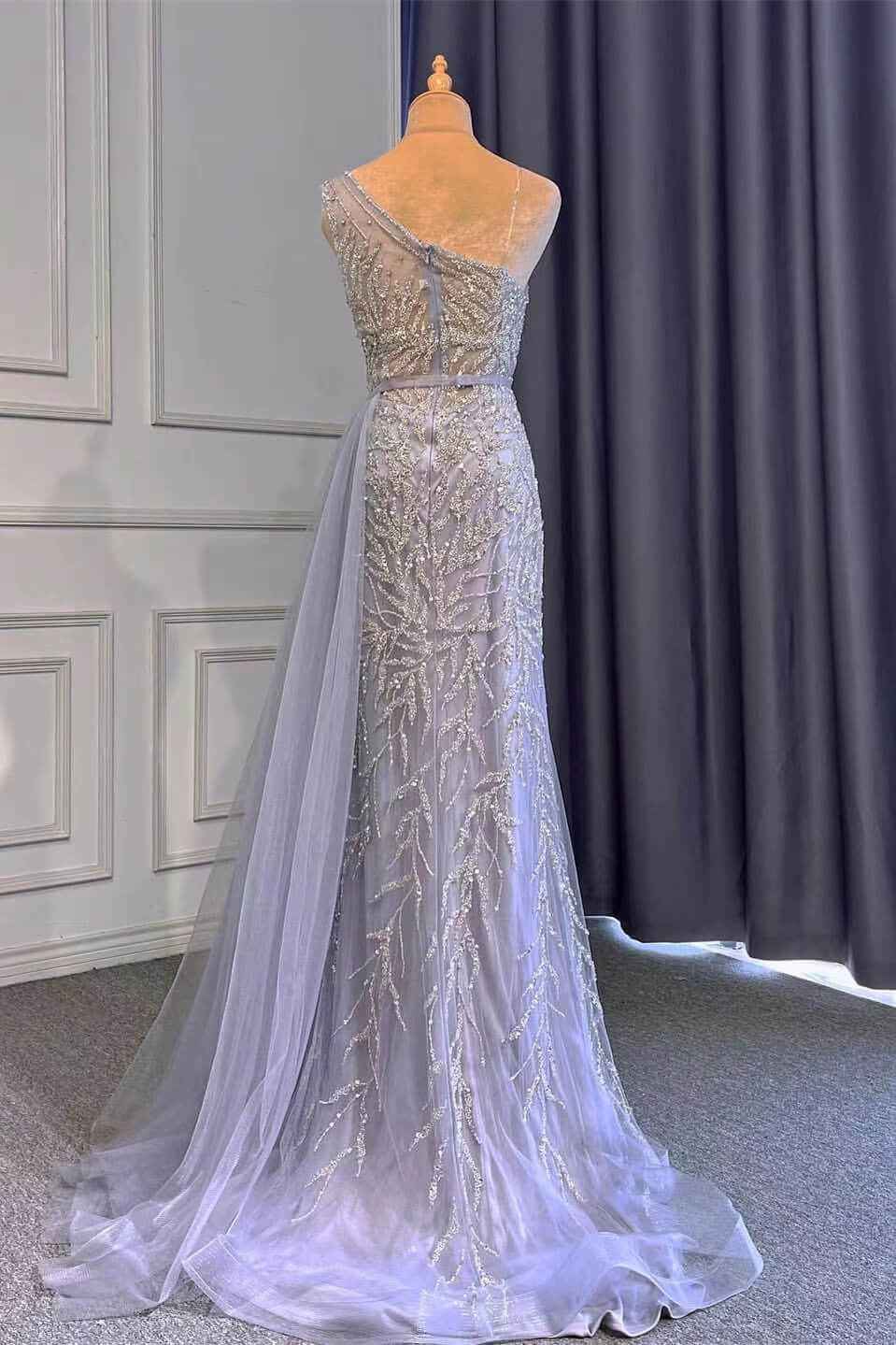 Light Purple Mermaid Beads One Shoulder Prom Dress With Long Ruffles Appliques Front Split