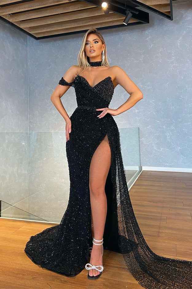 Mermaid One Shoulder Black Sweetheart Sequins Prom Dress With High Split