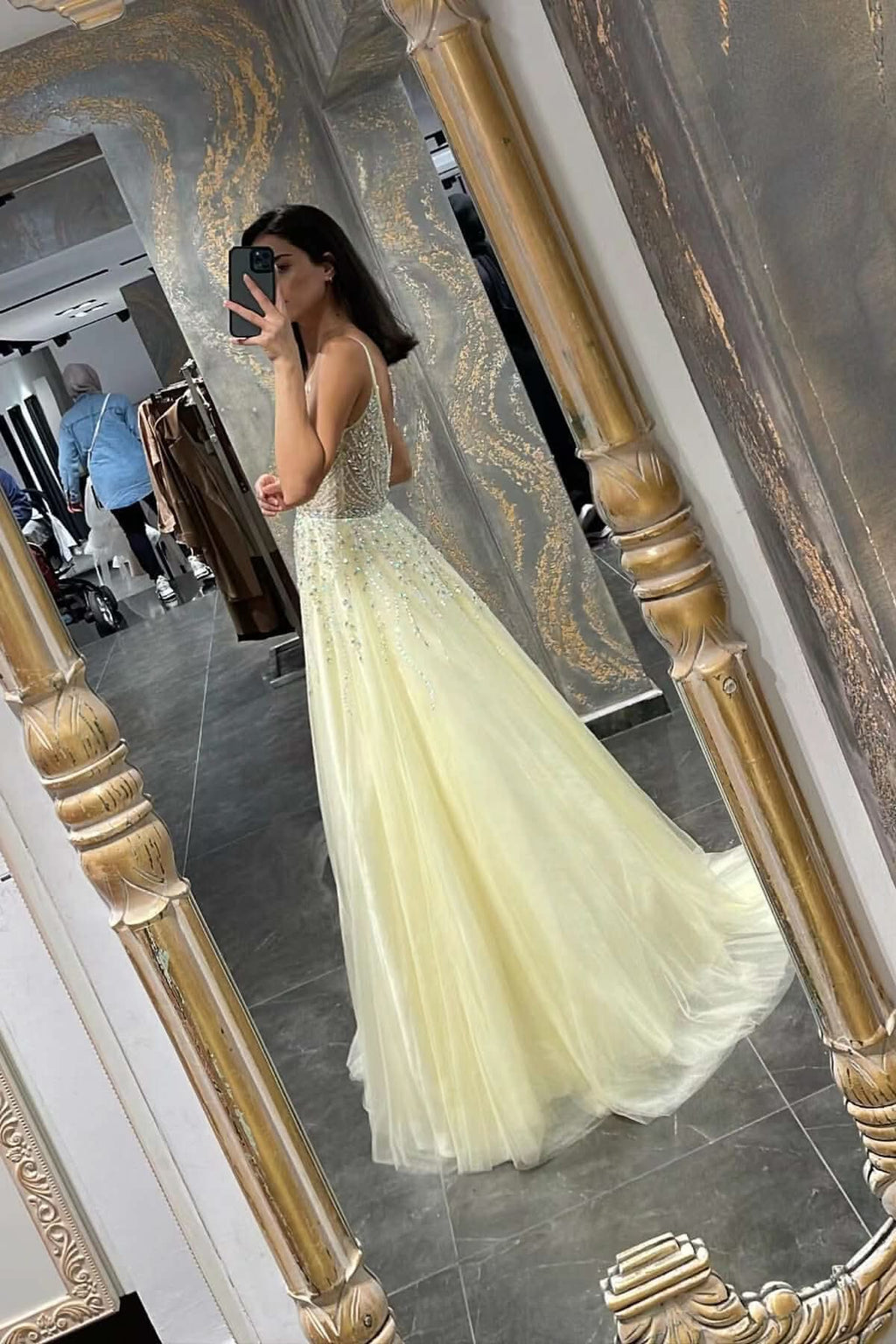 Daffodil Spaghetti-Strap Tulle A-Line Prom Dress with Beadings BM bride