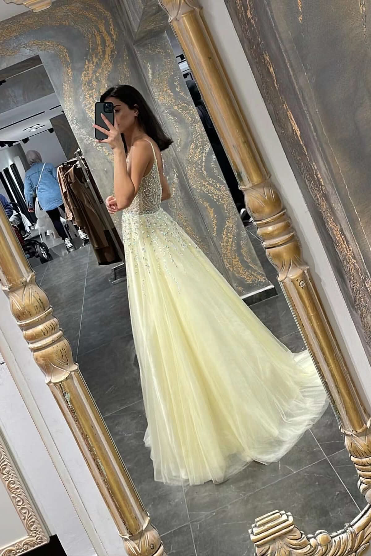 Daffodil Spaghetti-Strap Tulle A-Line Prom Dress with Beadings BM bride