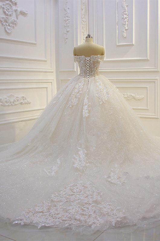 Off-the-Shoulder Sweetheart Ball Gown Wedding Dress with Sequin Lace Appliques BM bride
