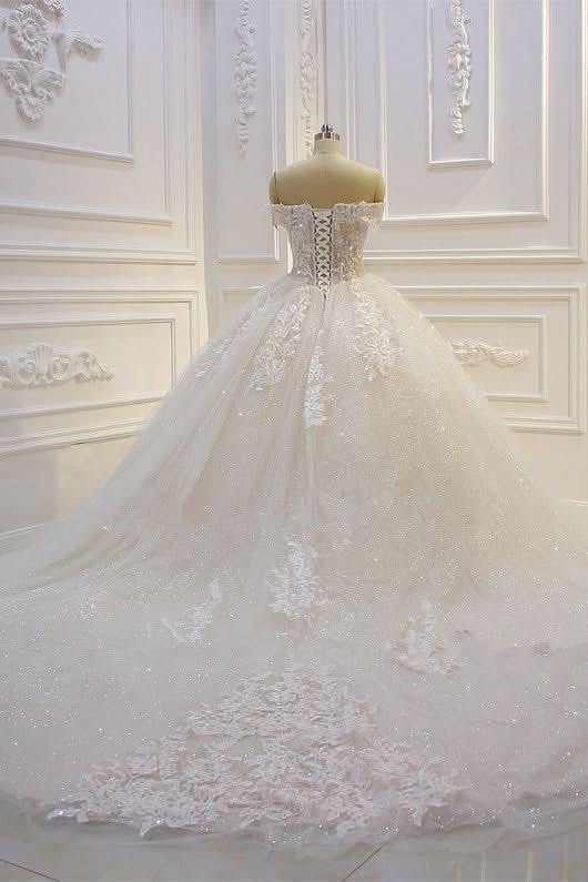 Off-the-Shoulder Sweetheart Ball Gown Wedding Dress with Sequin Lace Appliques BM bride