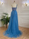 Sleeveless Mermaid Evening Dress with Split, One Shoulder, Sequins, and Tulle BM bride