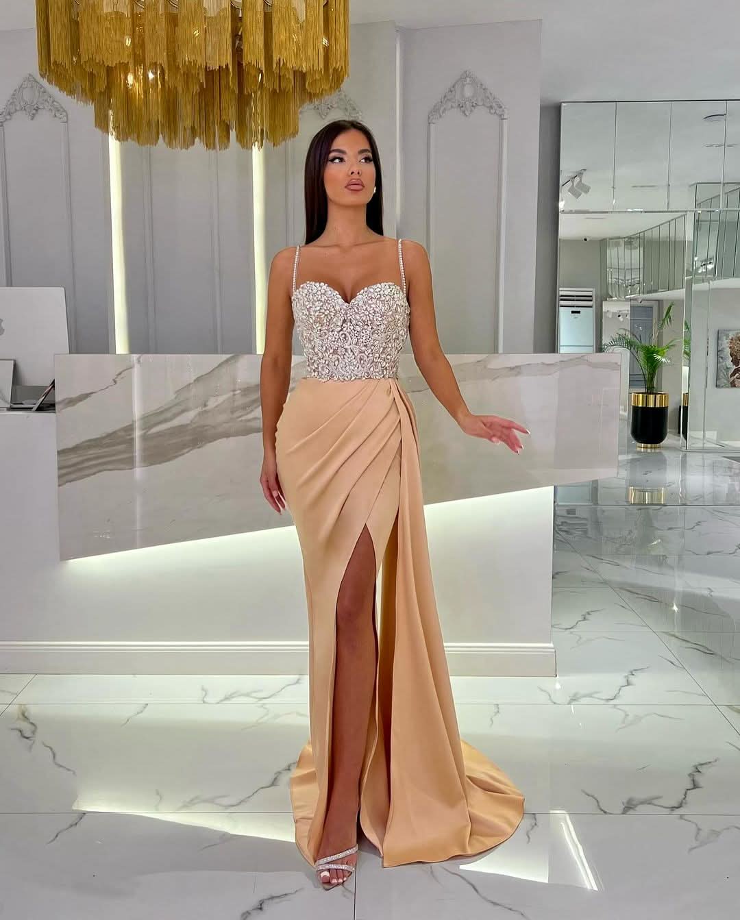 Baby Blue Prom Dress with High Slit, Spaghetti Strap Sweetheart Appliques BM bride